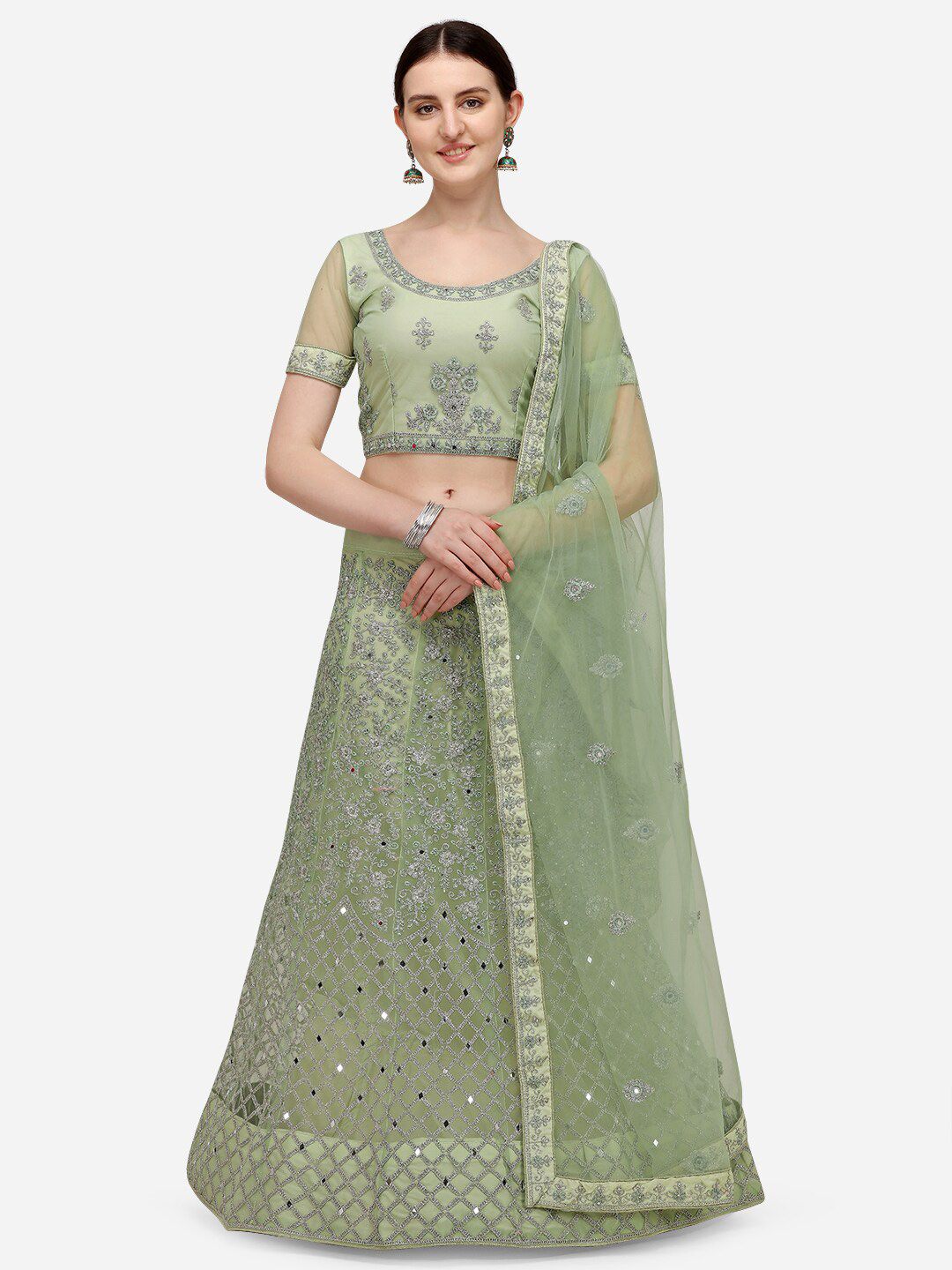 VRSALES Women Lime Green Embroidered Semi-Stitched Lehenga & Blouse With Dupatta Price in India