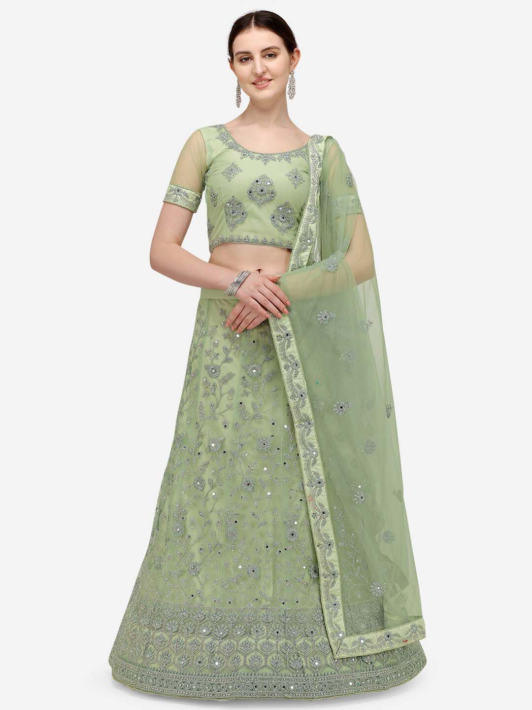 VRSALES Green & Silver-Toned Embroidered Mirror Work Semi-Stitched Lehenga & Unstitched Blouse With Dupatta Price in India