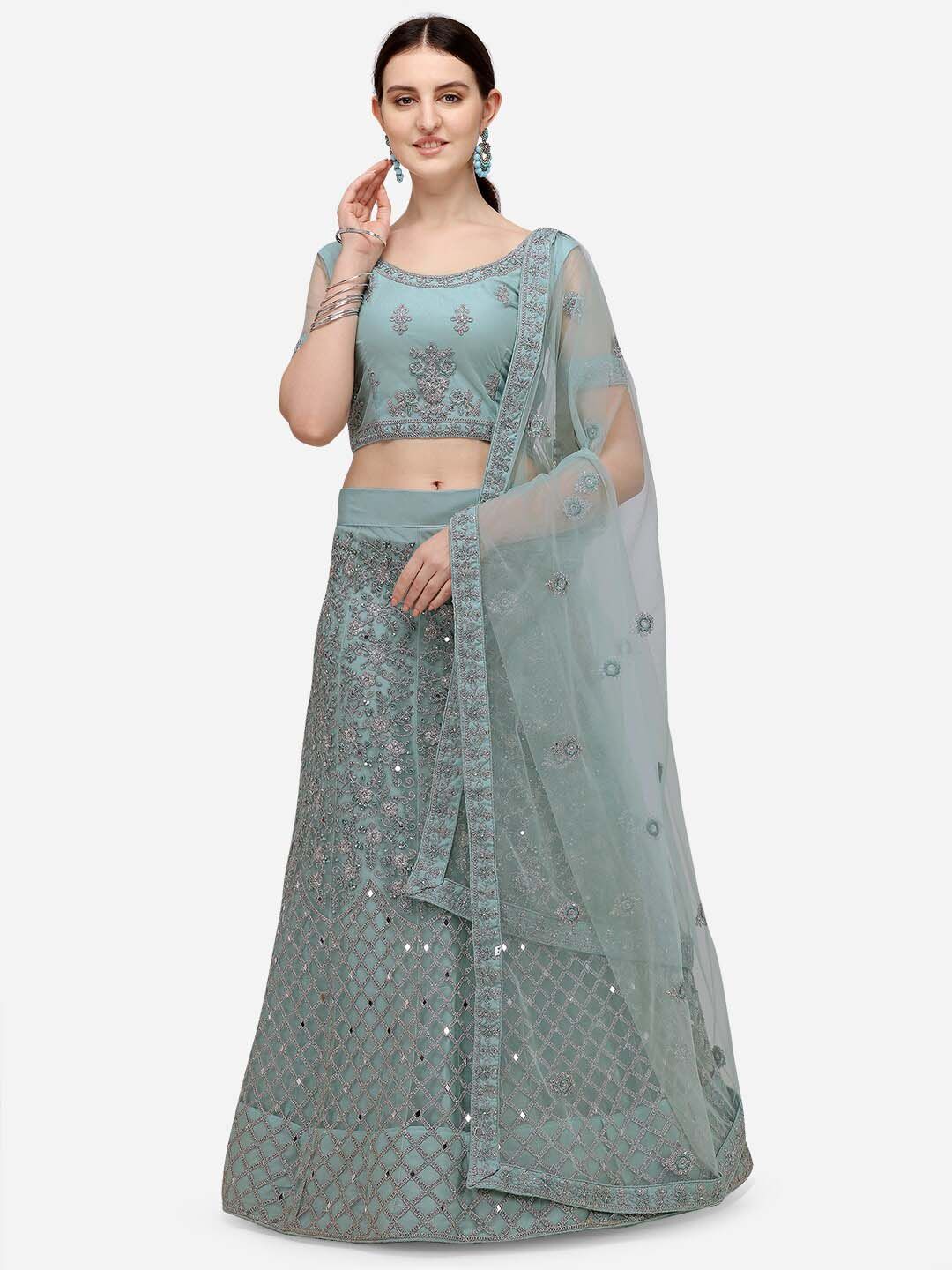 VRSALES Turquoise Blue & Silver-Toned Semi-Stitched Lehenga & Unstitched Blouse & Dupatta Price in India