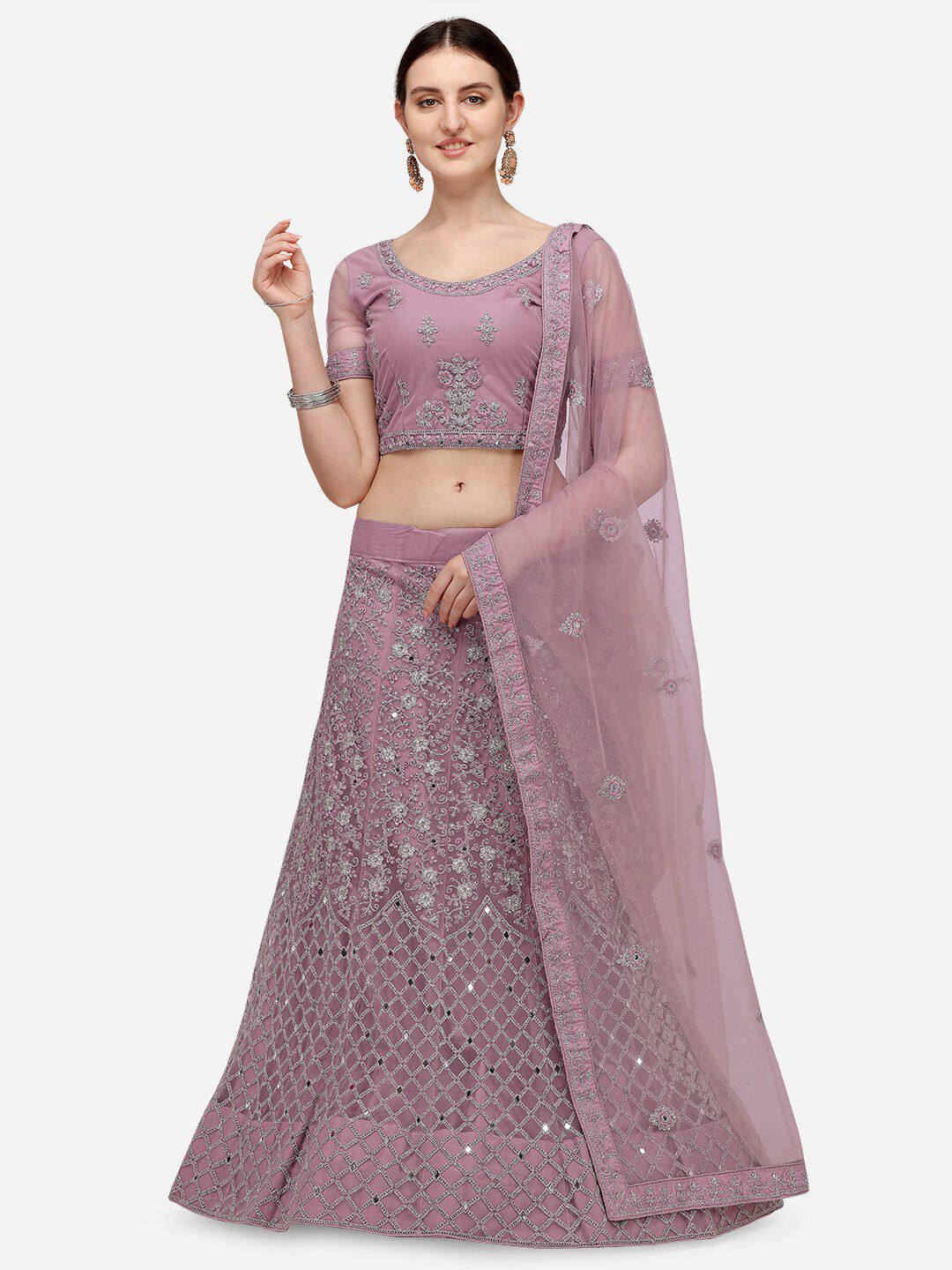 VRSALES Lavender & Silver Embroidered Semi-Stitched Lehenga & Unstitched Blouse Price in India