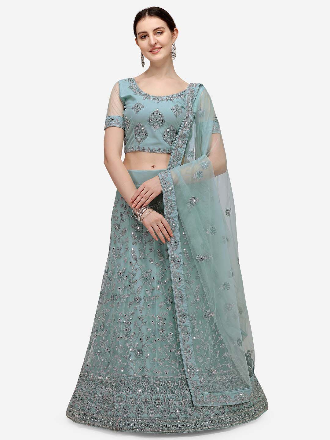 VRSALES Women Turquoise Blue Embroidered Semi-Stitched Net Lehenga Choli with Dupatta Price in India