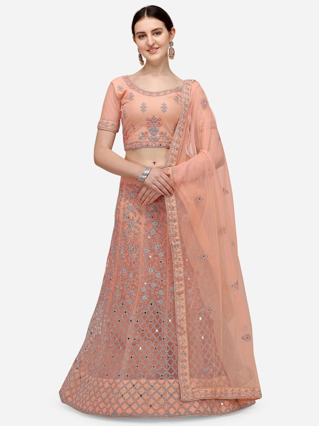 VRSALES Peach-Coloured & Silver-Toned Unstitched Lehenga & Blouse With Dupatta Price in India