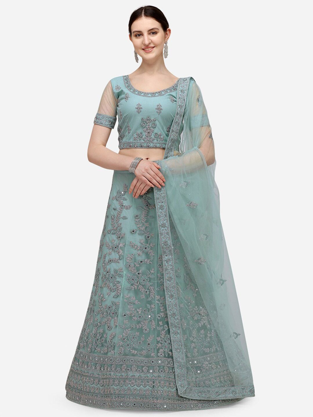 Netram Turquoise Blue & Silver-Toned Embroidered Mirror Work Semi-Stitched Lehenga & Unstitched Blouse With Price in India