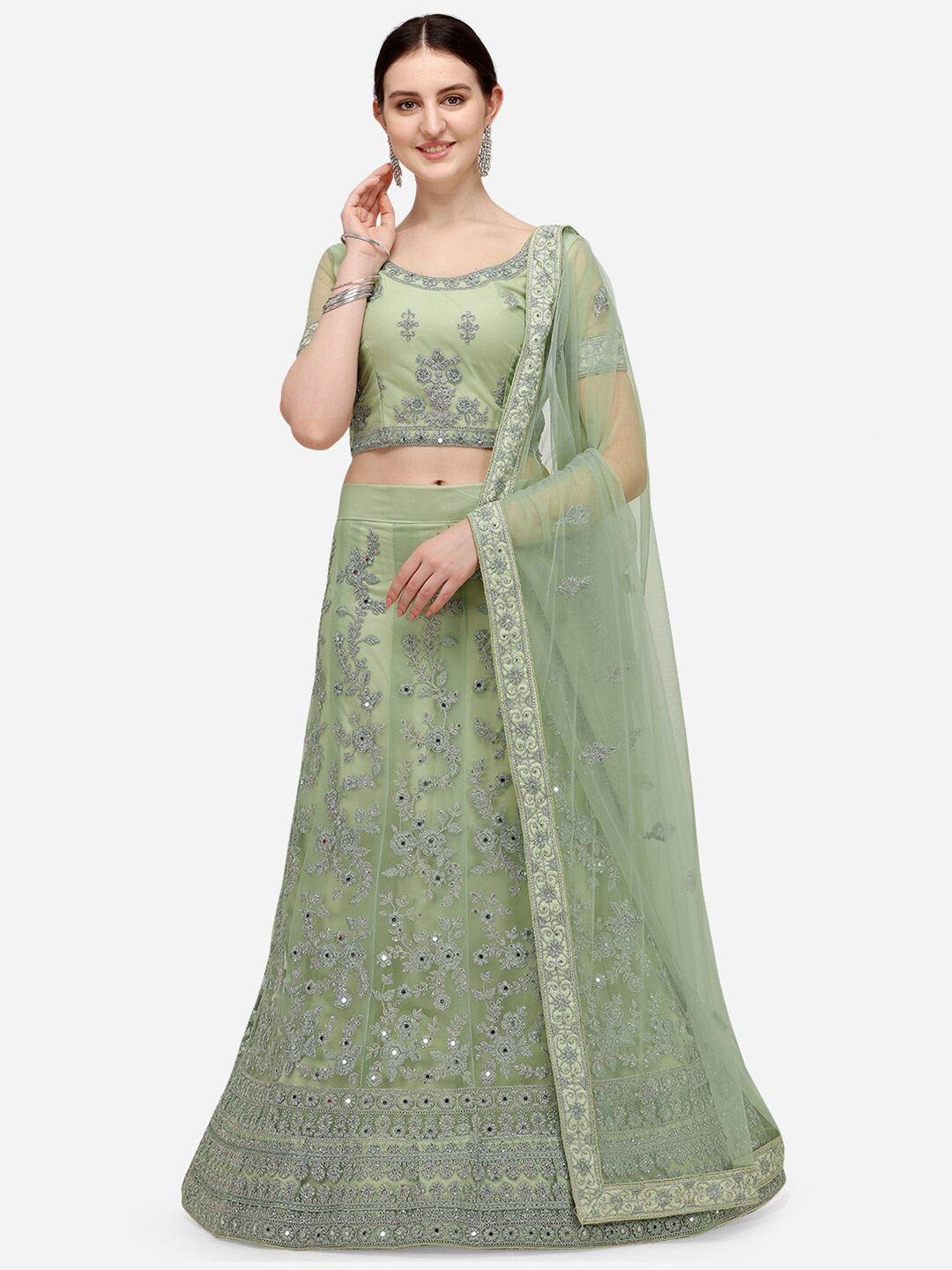 Netram Lime Green & Silver-Toned Embroidered Mirror Work Semi-Stitched Lehenga & Unstitched Blouse With Price in India