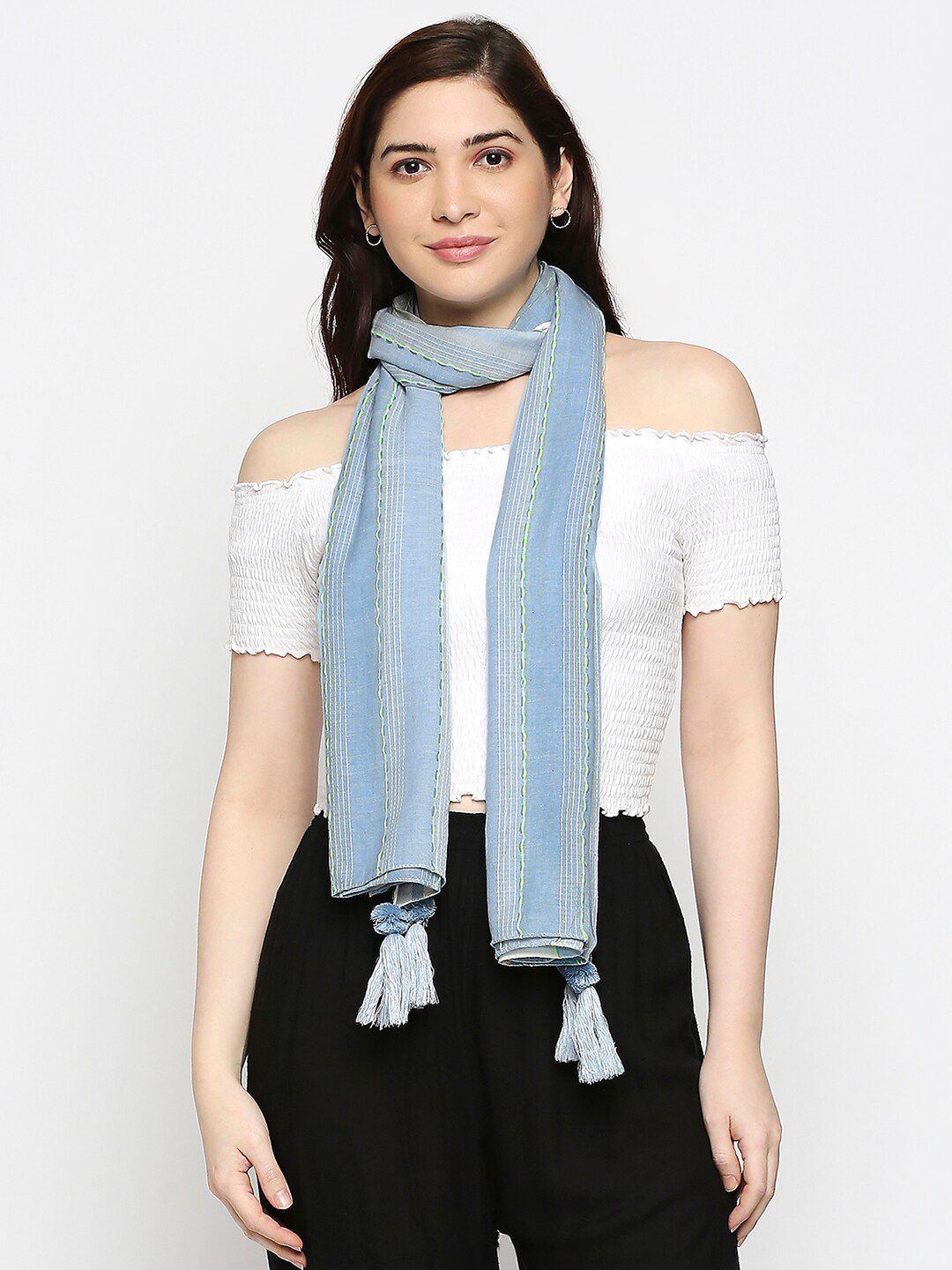 BELLEZIYA Women Blue & Green Striped Scarf Price in India