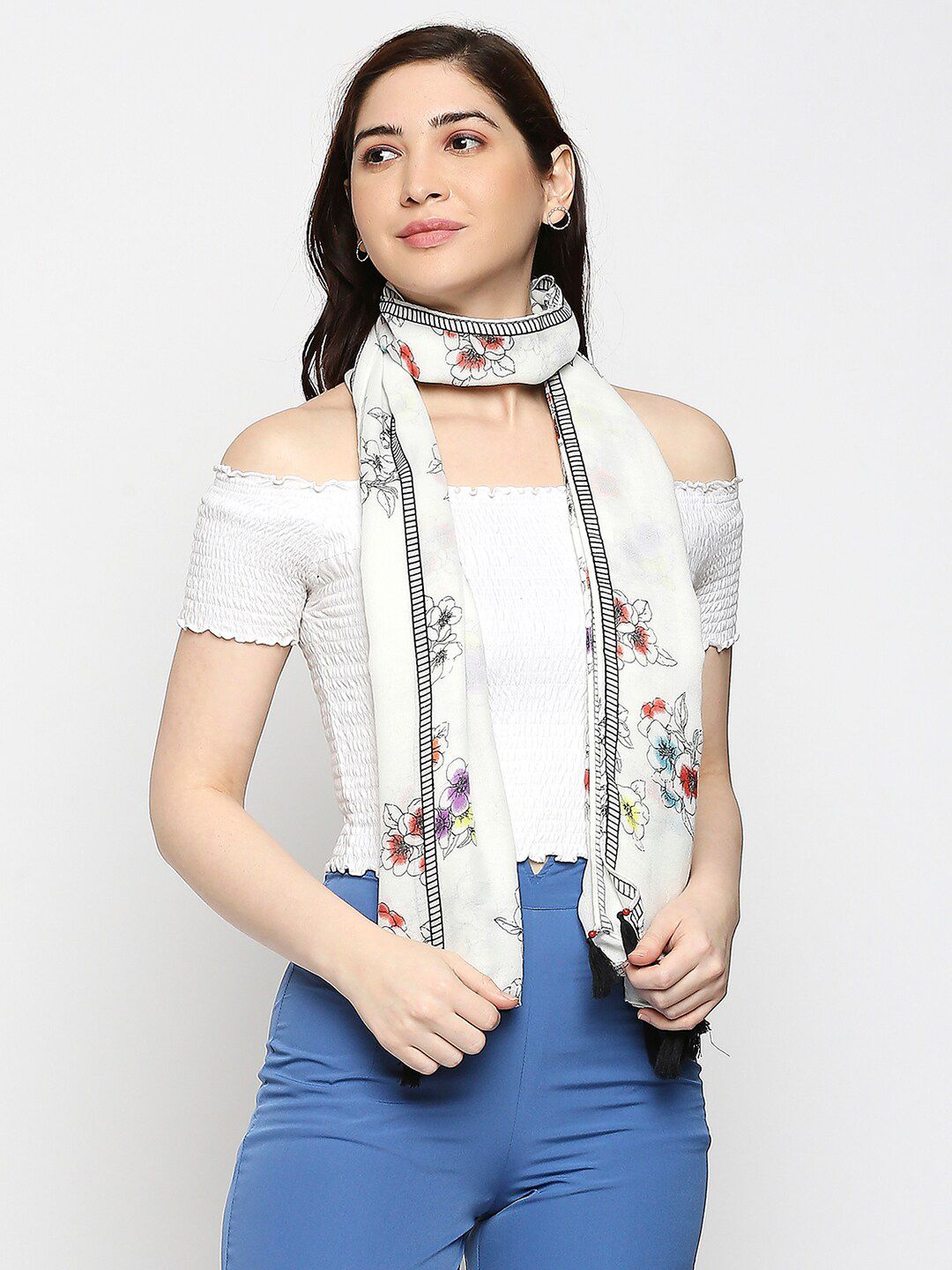 BELLEZIYA Women Off White & Black Printed Scarf Price in India