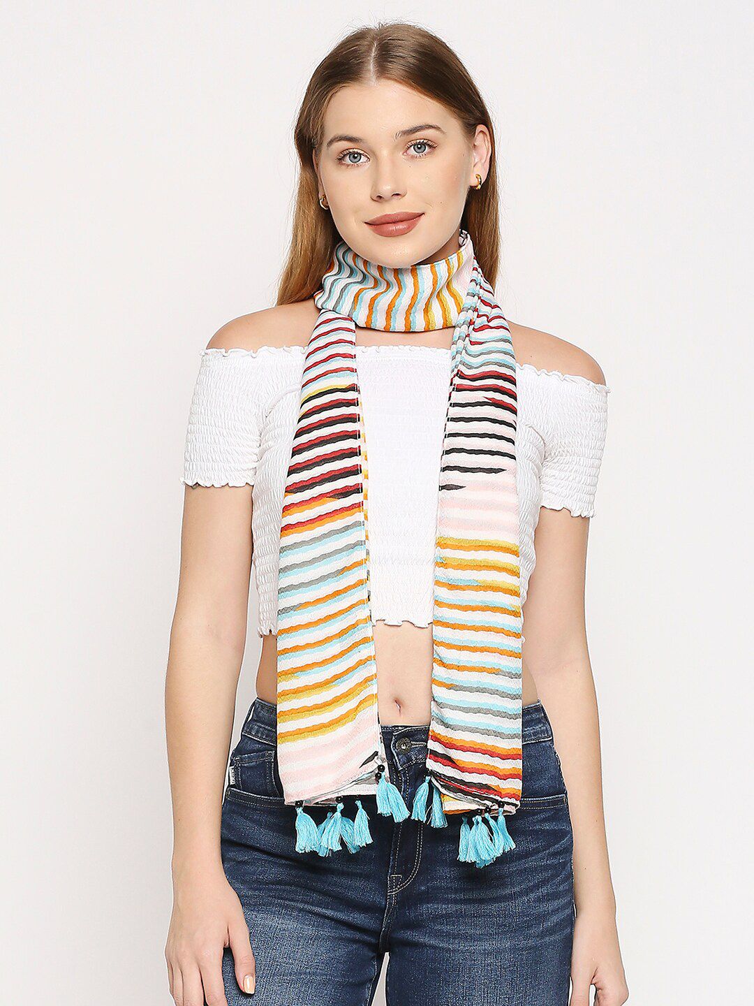 BELLEZIYA Women Blue & Red Striped Scarf Price in India