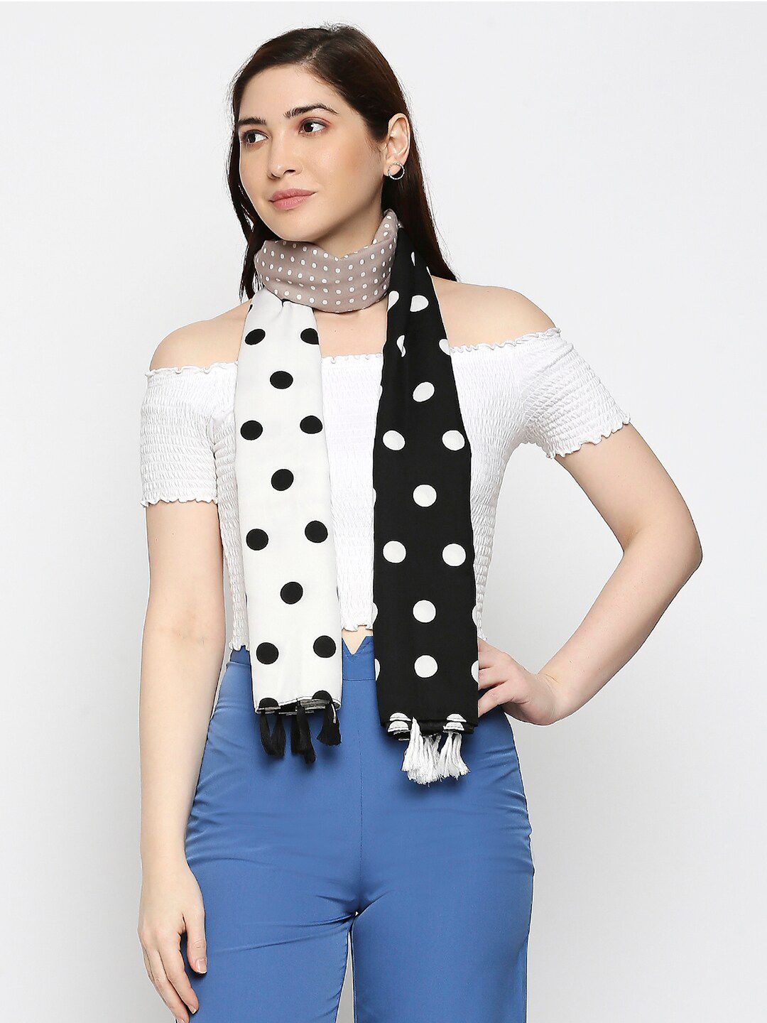 BELLEZIYA Women Black & White Polka Dot Printed Scarf Price in India