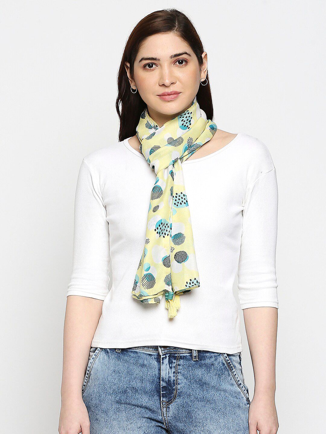 BELLEZIYA Women Yellow & Blue Printed Scarf Price in India