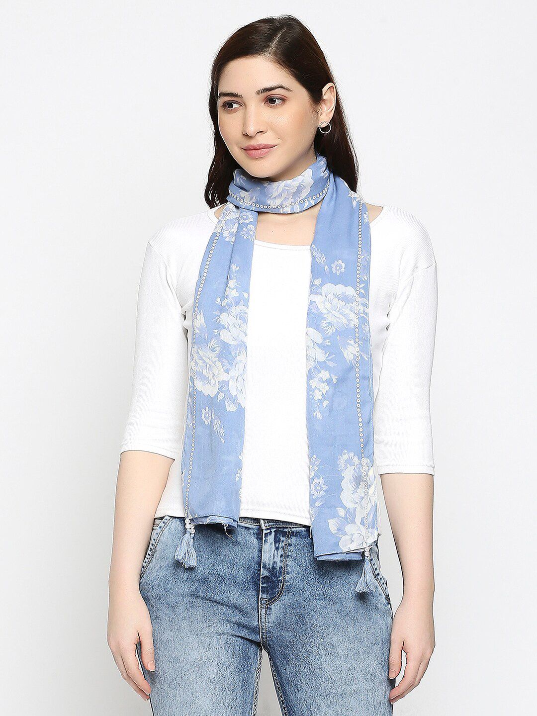 BELLEZIYA Women Blue & White Printed Scarf Price in India