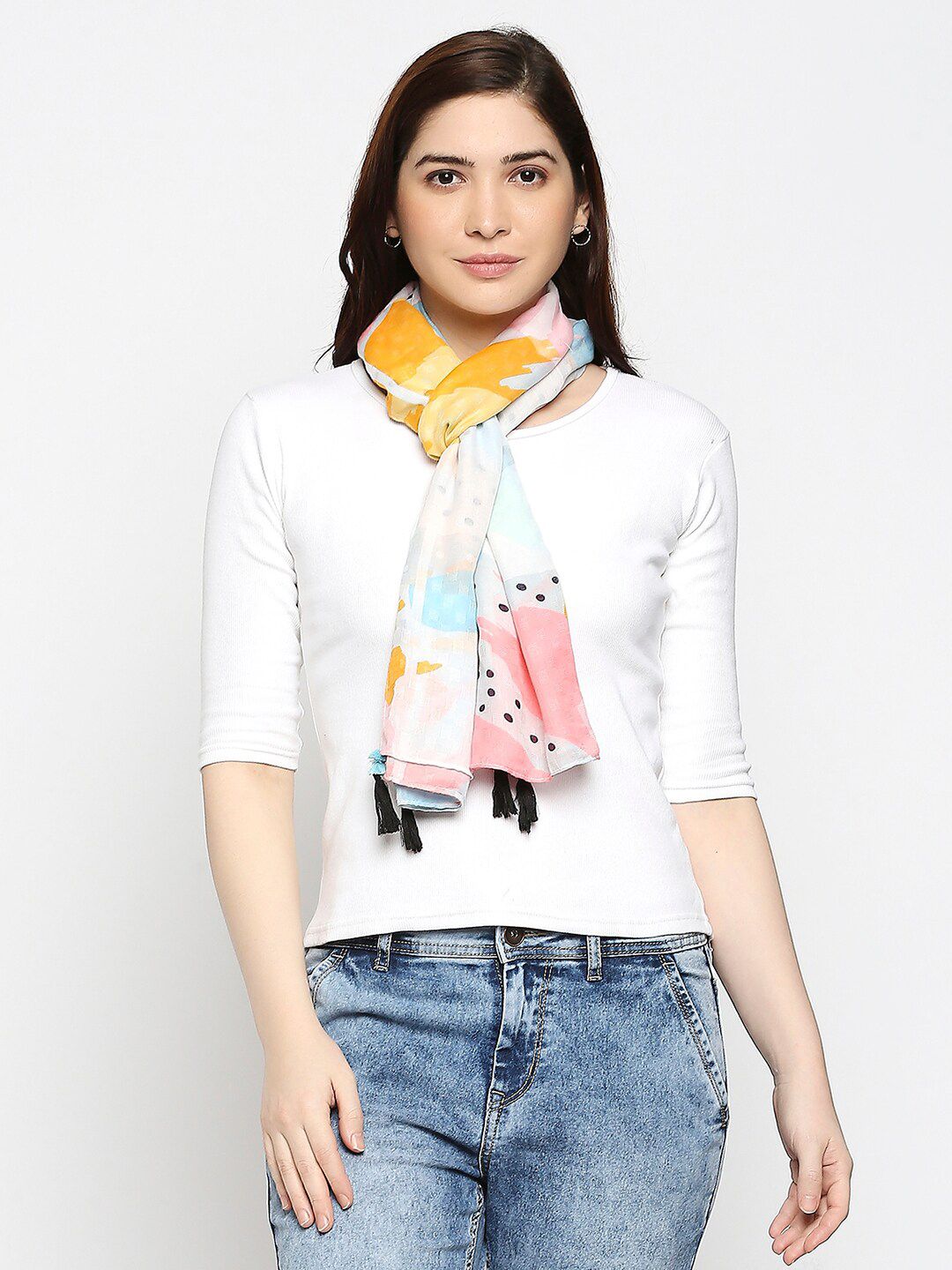 BELLEZIYA Women White & Blue Printed Scarf Price in India