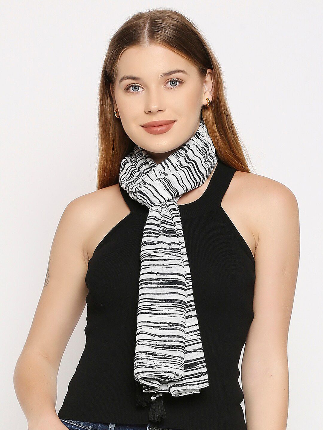 BELLEZIYA Women Black & White Striped Scarf Price in India