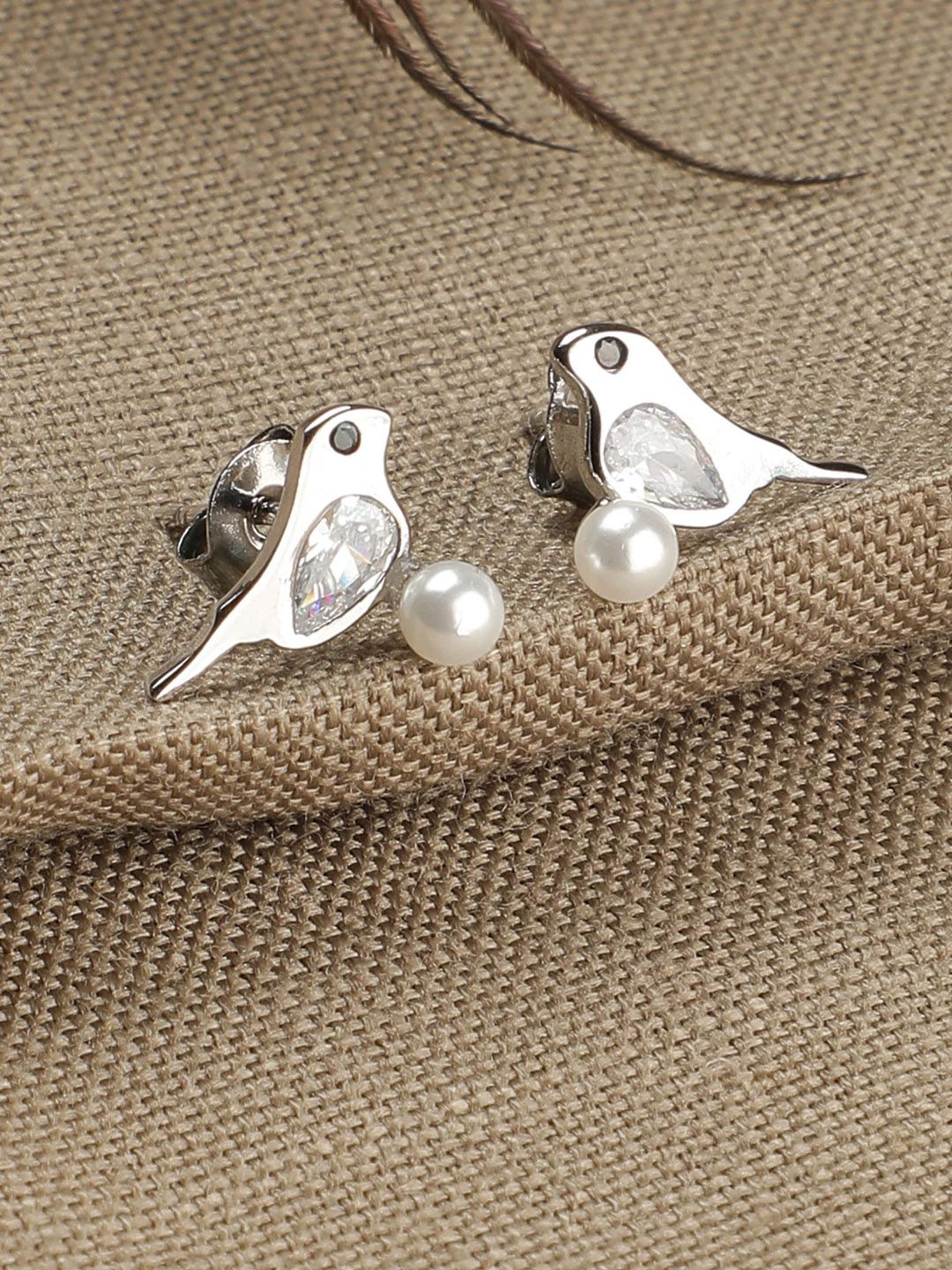 GIVA Silver-Toned & White Contemporary 925 Sterling Silver Studs Earrings Price in India