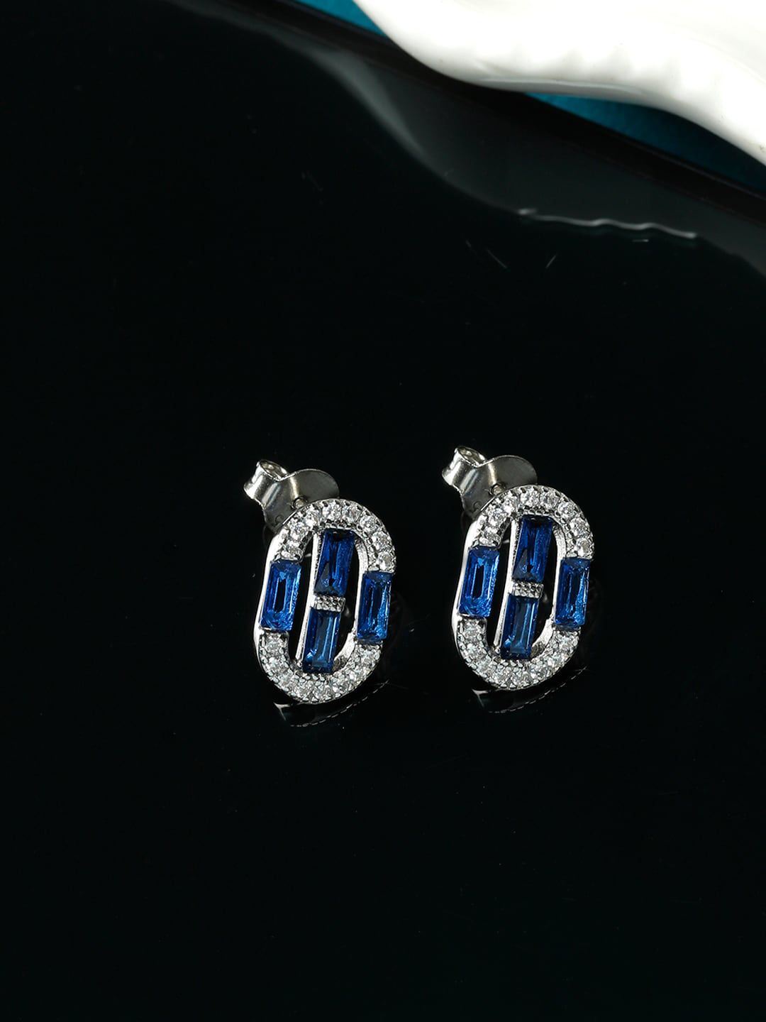 GIVA 925 Sterling Silver Silver-Toned & Navy Blue Contemporary Studs Earrings Price in India