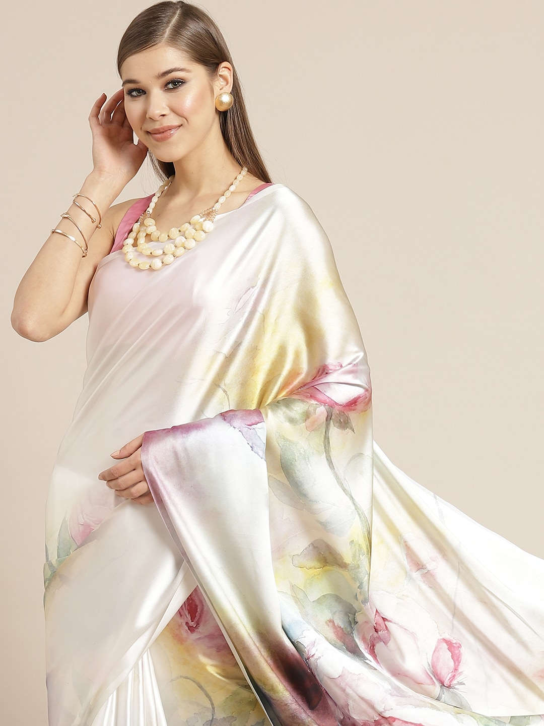 Tikhi Imli White & Pink Digital Floral Print Saree Price in India
