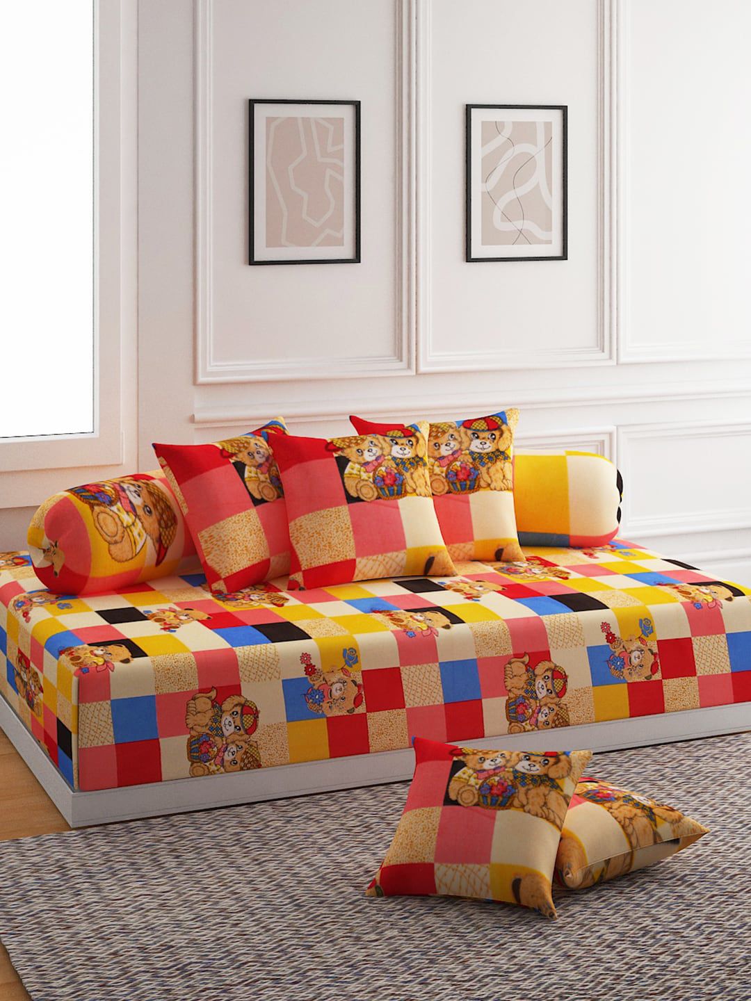 ROMEE 8-Pcs Red & Yellow Printed Single Bedsheet With Bolster Covers & Cushion Covers Price in India