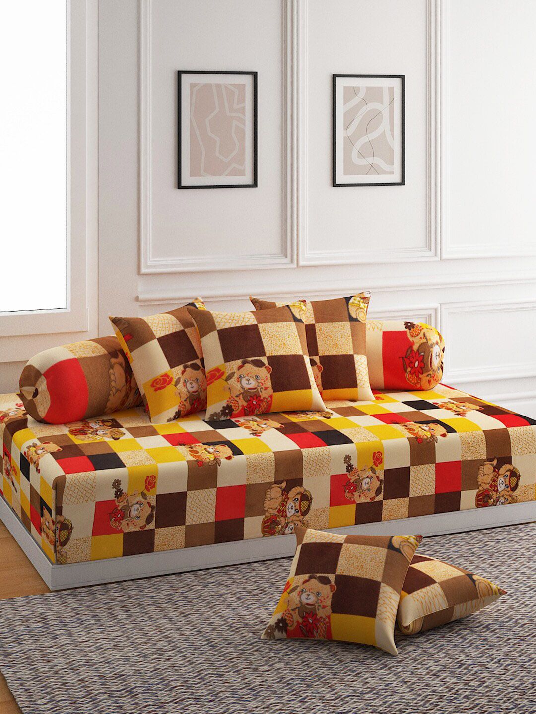 ROMEE Beige & Yellow Floral Teddy Printed Single Bedsheet With 2 Bolster Covers & 5 Cushion Covers Diwan Set Price in India