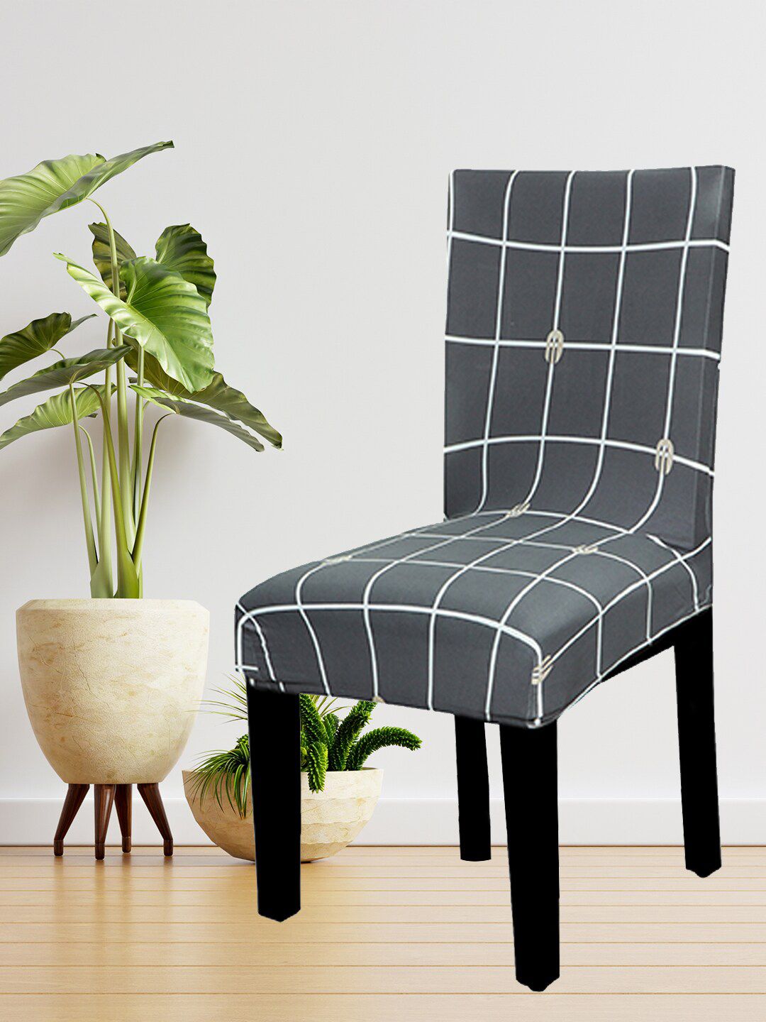 HOUSE OF QUIRK Set Of 6 Grey & White Checked Non-Slip Removable Chair Covers Price in India