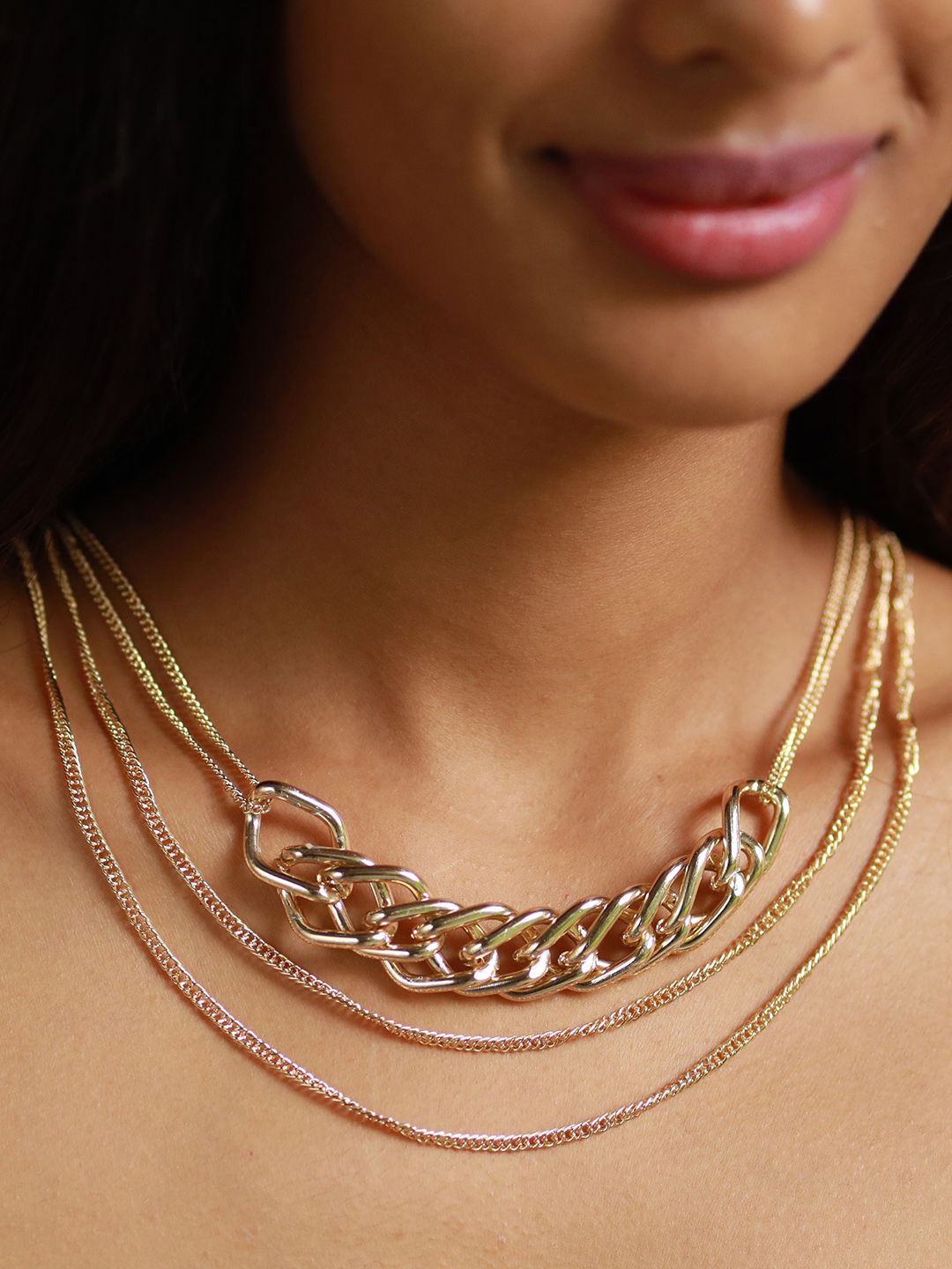 Ayesha Gold-Plated Chunky Chain-Link Triple Layered Necklace Price in India