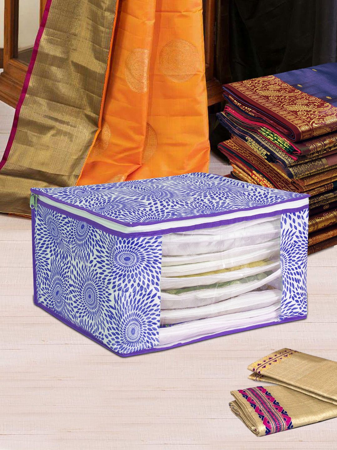 prettykrafts Purple & White Printed 12 Flap Saree Organiser Price in India