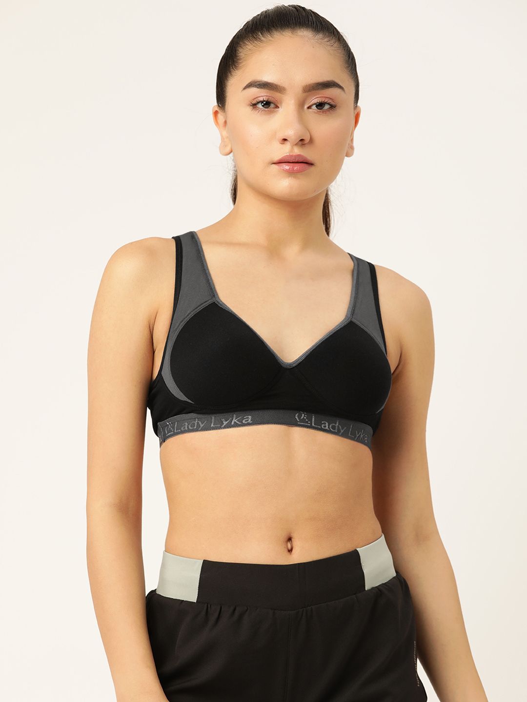 Lady Lyka Black & Grey Cotton Bra-Full Coverage Non-Wired Lightly Padded Price in India