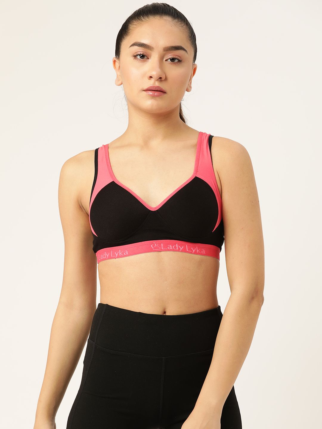 Lady Lyka Black & Pink Colourblocked Workout Bra - Lightly Padded Price in India