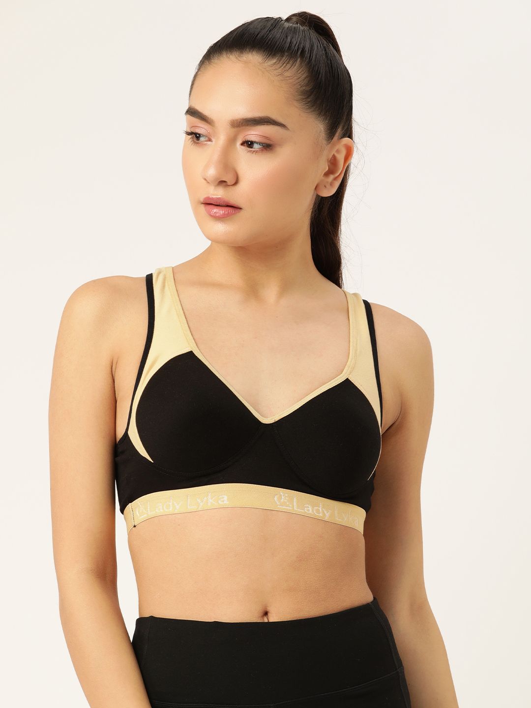 Lady Lyka Black & Beige Colourblocked Workout Bra - Lightly Padded Price in India