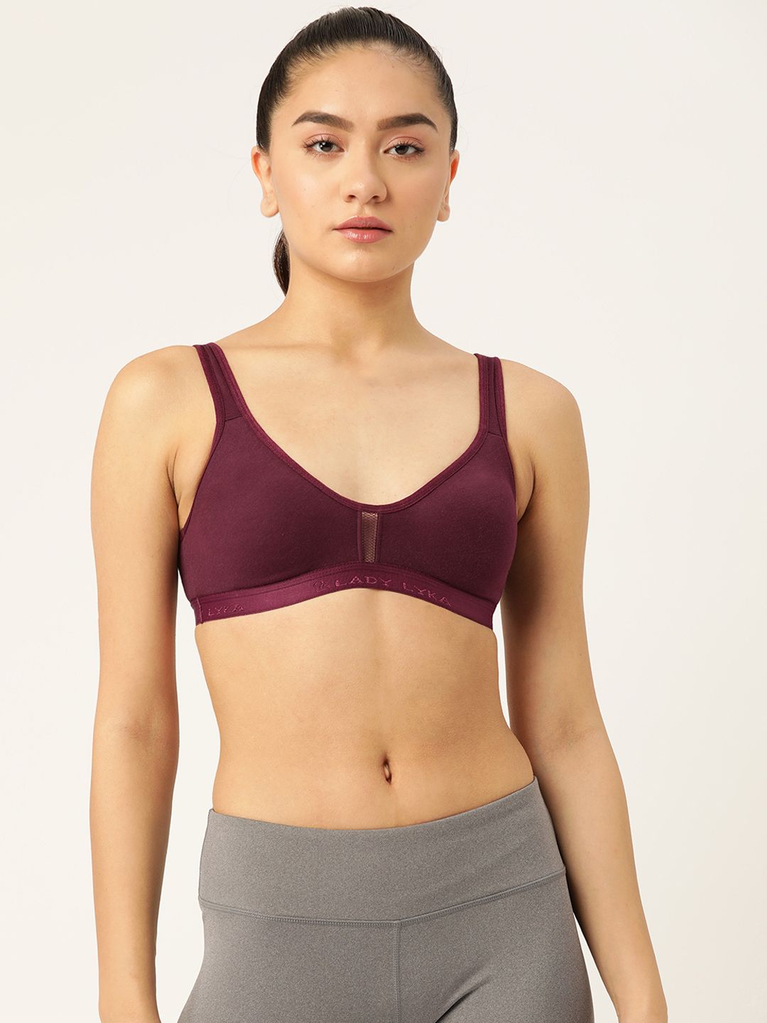 Lady Lyka Burgundy Solid Cotton Workout Bra-Full Coverage Non-Wired Non Padded Price in India