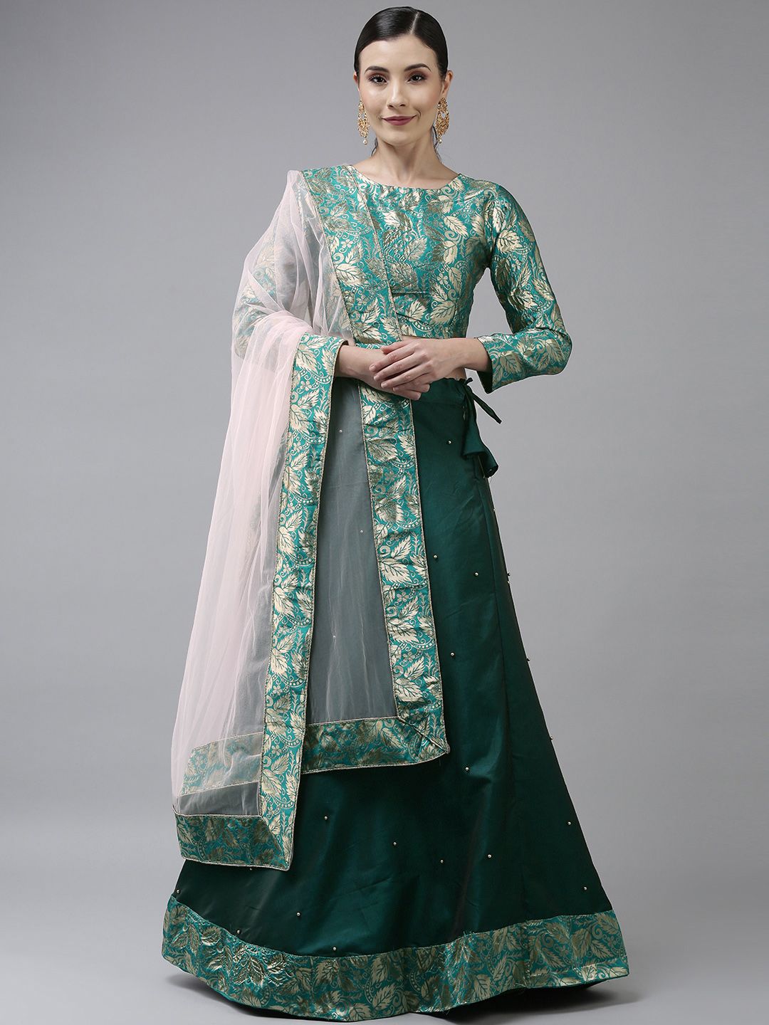 DIVASTRI Green Woven Design Semi-Stitched Lehenga & Unstitched Blouse With Dupatta Price in India