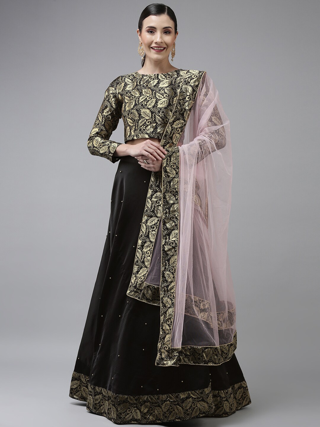 DIVASTRI Black & Gold-Toned Woven Semi-Stitched Lehenga & Unstitched Blouse With Dupatta Price in India