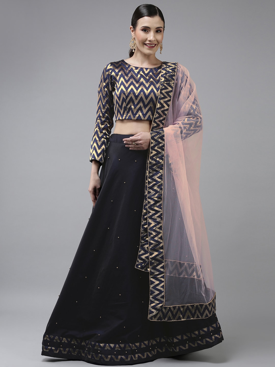 DIVASTRI Navy Blue & Gold-Toned Semi-Stitched Lehenga & Unstitched Blouse With Dupatta Price in India