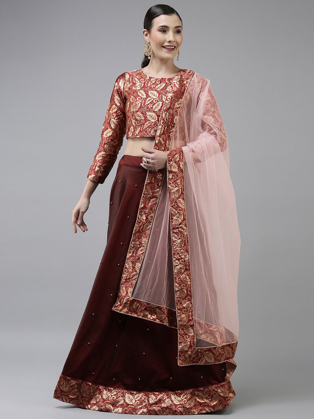 DIVASTRI Maroon & Gold-Toned Semi-Stitched Lehenga & Unstitched Blouse With Dupatta Price in India