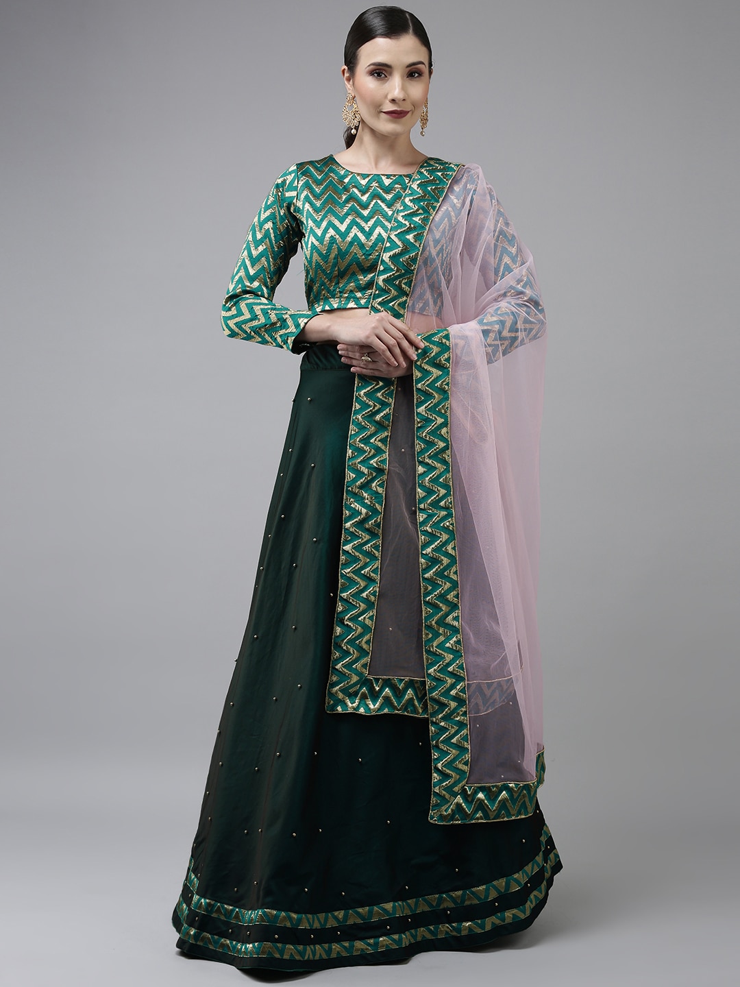 DIVASTRI Green & Gold-Toned Woven Semi-Stitched Lehenga & Unstitched Blouse With Dupatta Price in India