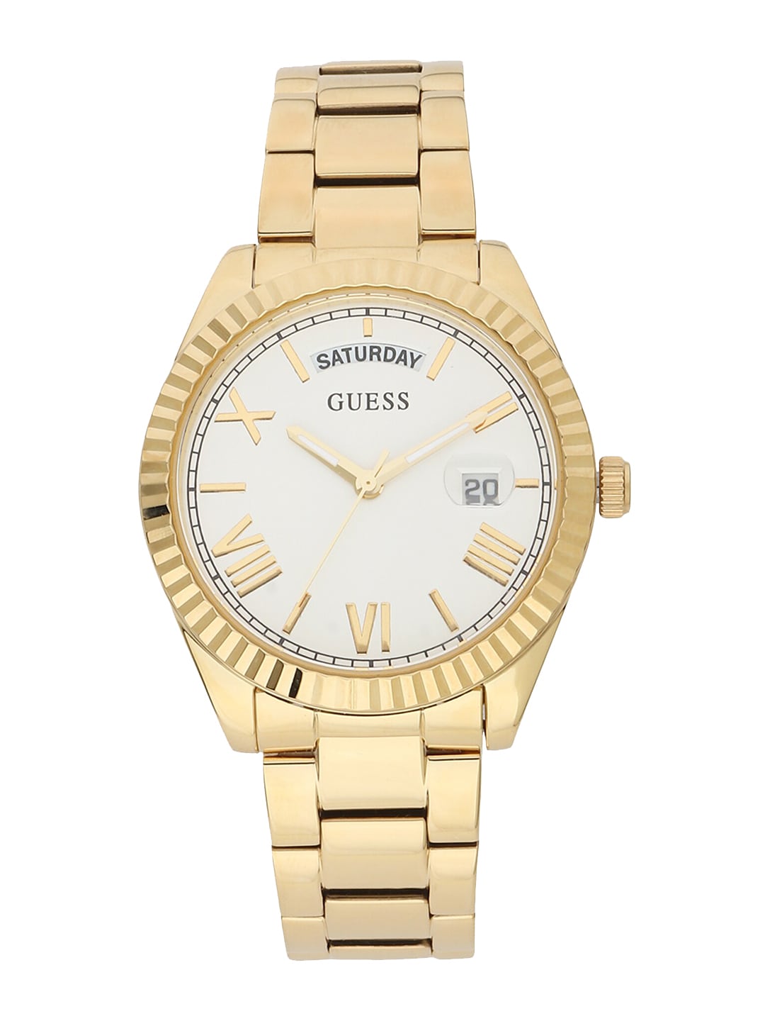 GUESS Women White Dial & Gold Toned Stainless Steel Bracelet Style Straps Analogue Watch GW0308L2 Price in India