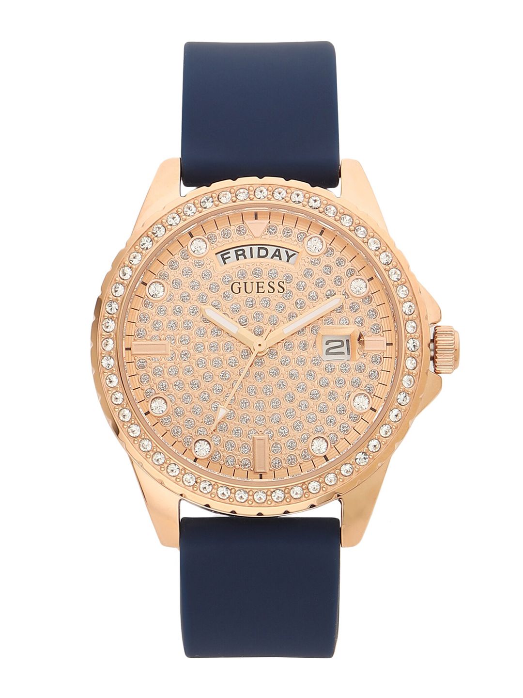 GUESS Women Gold-Toned Embellished Dial & Blue Straps Analogue Watch GW0358L1 Price in India