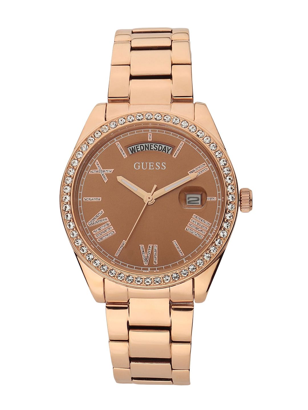 GUESS Women Brown Embellished Dial & Rose Gold Toned Stainless Steel Bracelet Style Straps Analogue Watch GW0307L3 Price in India