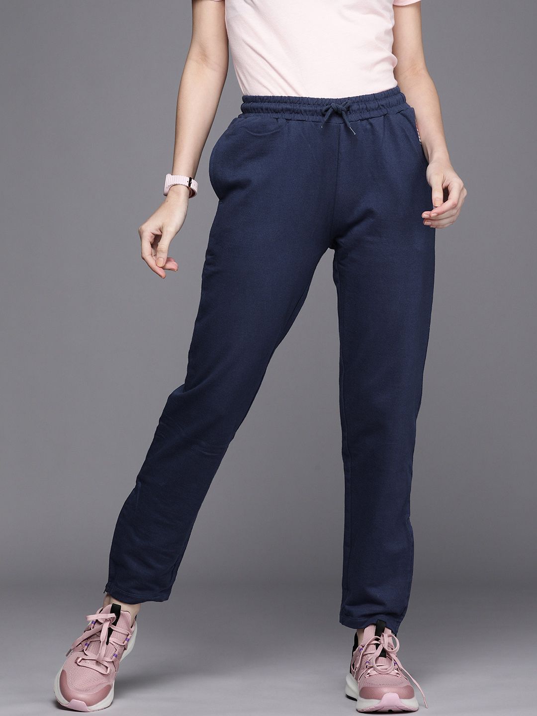 Allen Solly Woman Blue Solid Pure Cotton Regular Fit Mid-Rise Trousers Price in India