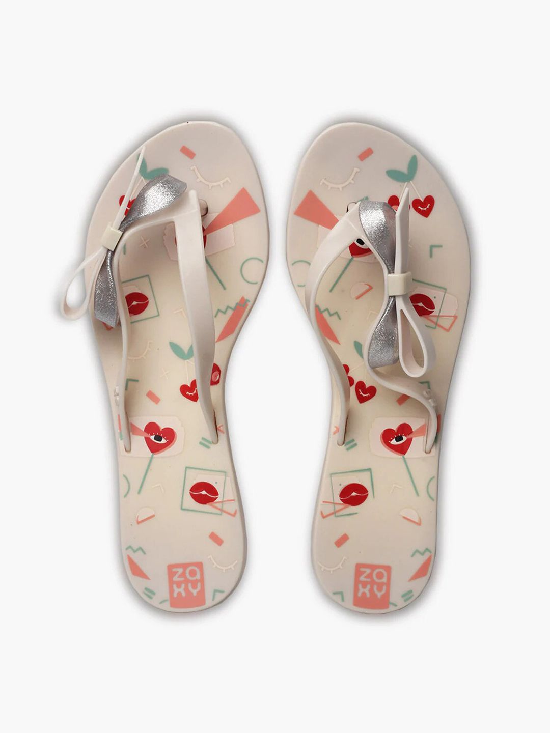 Zaxy Women Off White & Red Printed Thong Flip-Flops Price in India