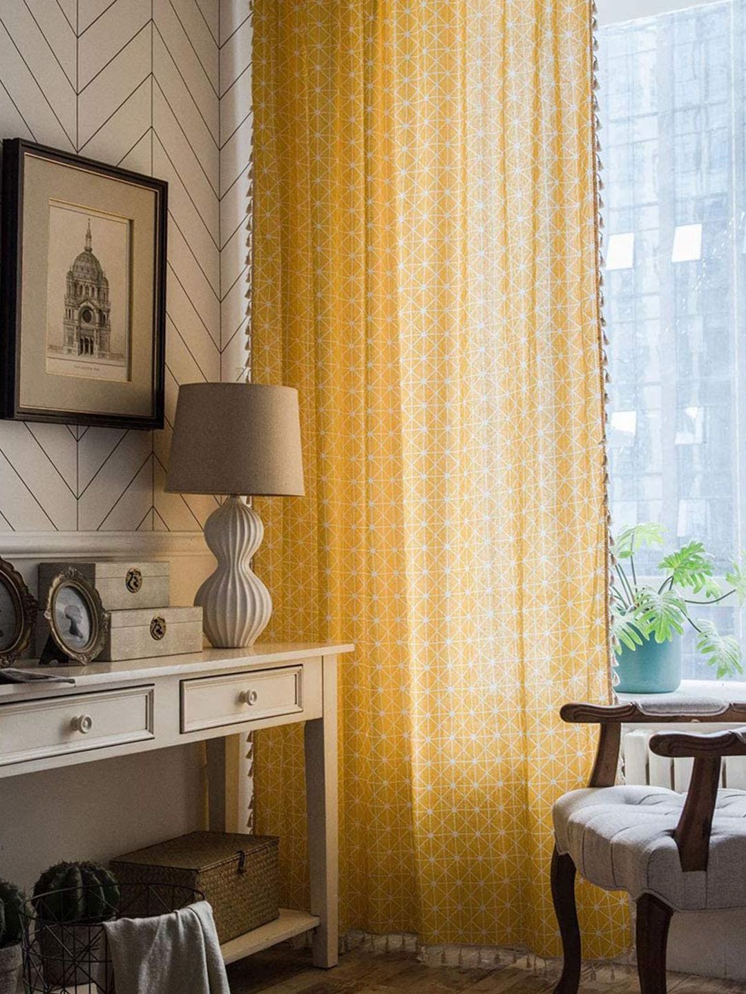 URBAN SPACE Yellow & White Geometric Window Curtain Price in India