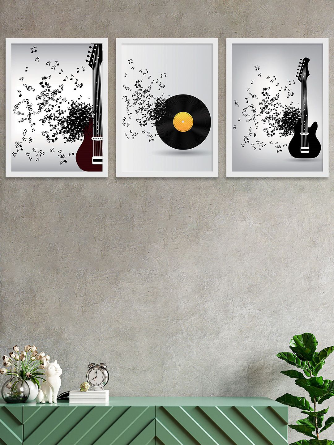 Art Street Set Of 3 White & Black Musical Instruments Theme Wall Art Price in India