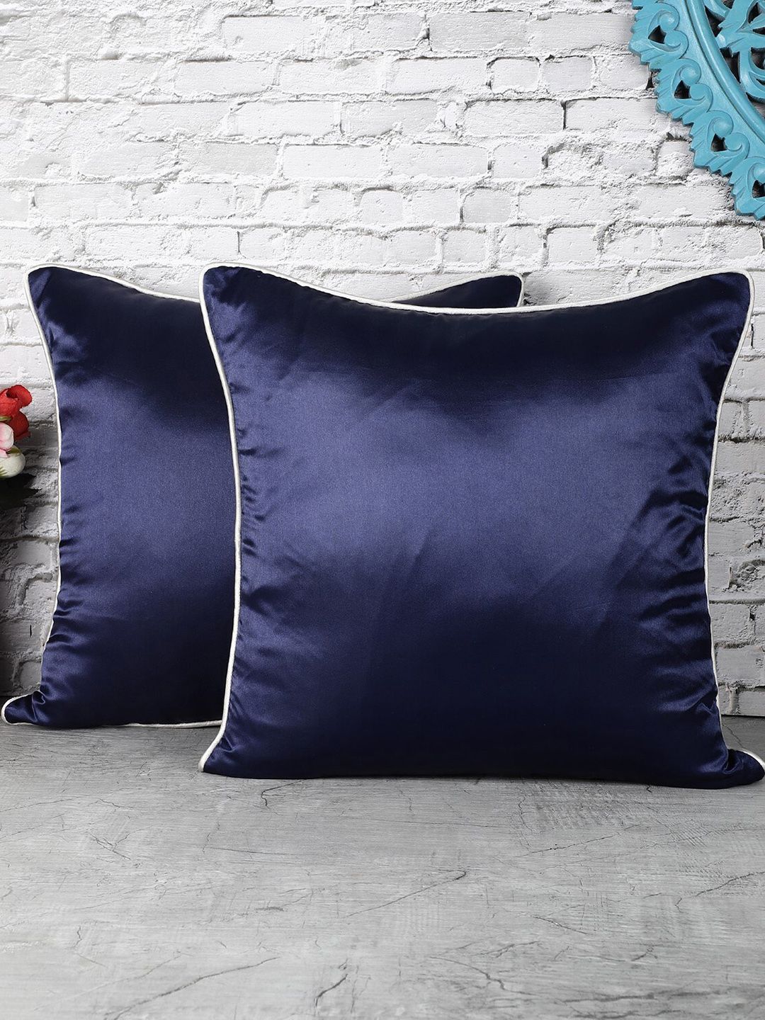 The Decor Mart Blue Satin Ultra Soft 2 Piece Square Cushion Covers - 16 x 16 Inches