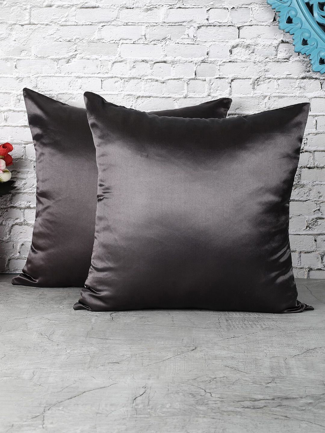 The Decor Mart Grey Set of 2 Satin Square Cushion Covers Price in India