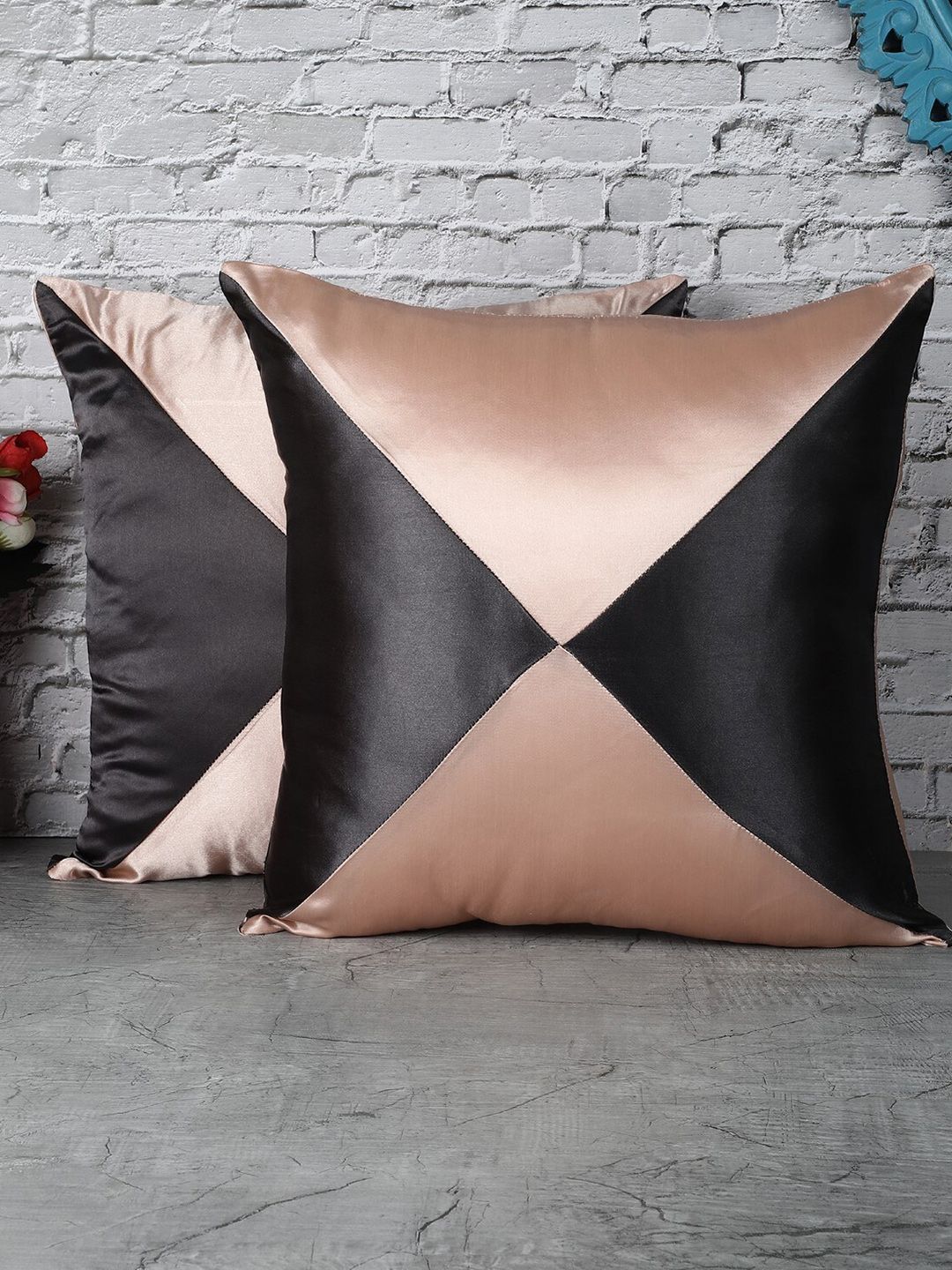 The Decor Mart Beige & Black Set of 2 Colourblocked Satin Square Cushion Covers Price in India