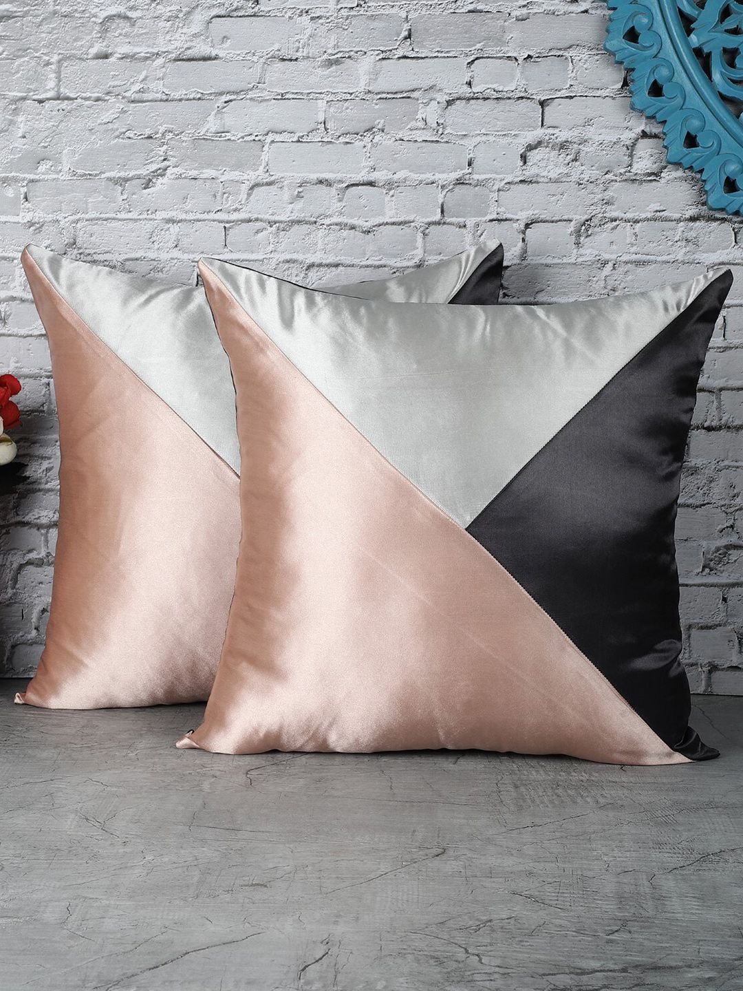 The Decor Mart Set of 2 Peach-Coloured & Black Colourblocked Satin Square Cushion Covers Price in India