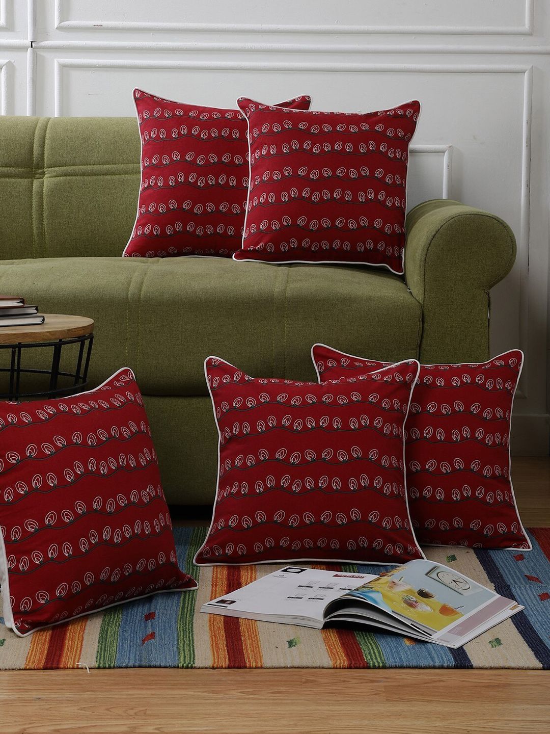 The Decor Mart Set of 5 Red & Green Floral Square Cushion Covers Price in India