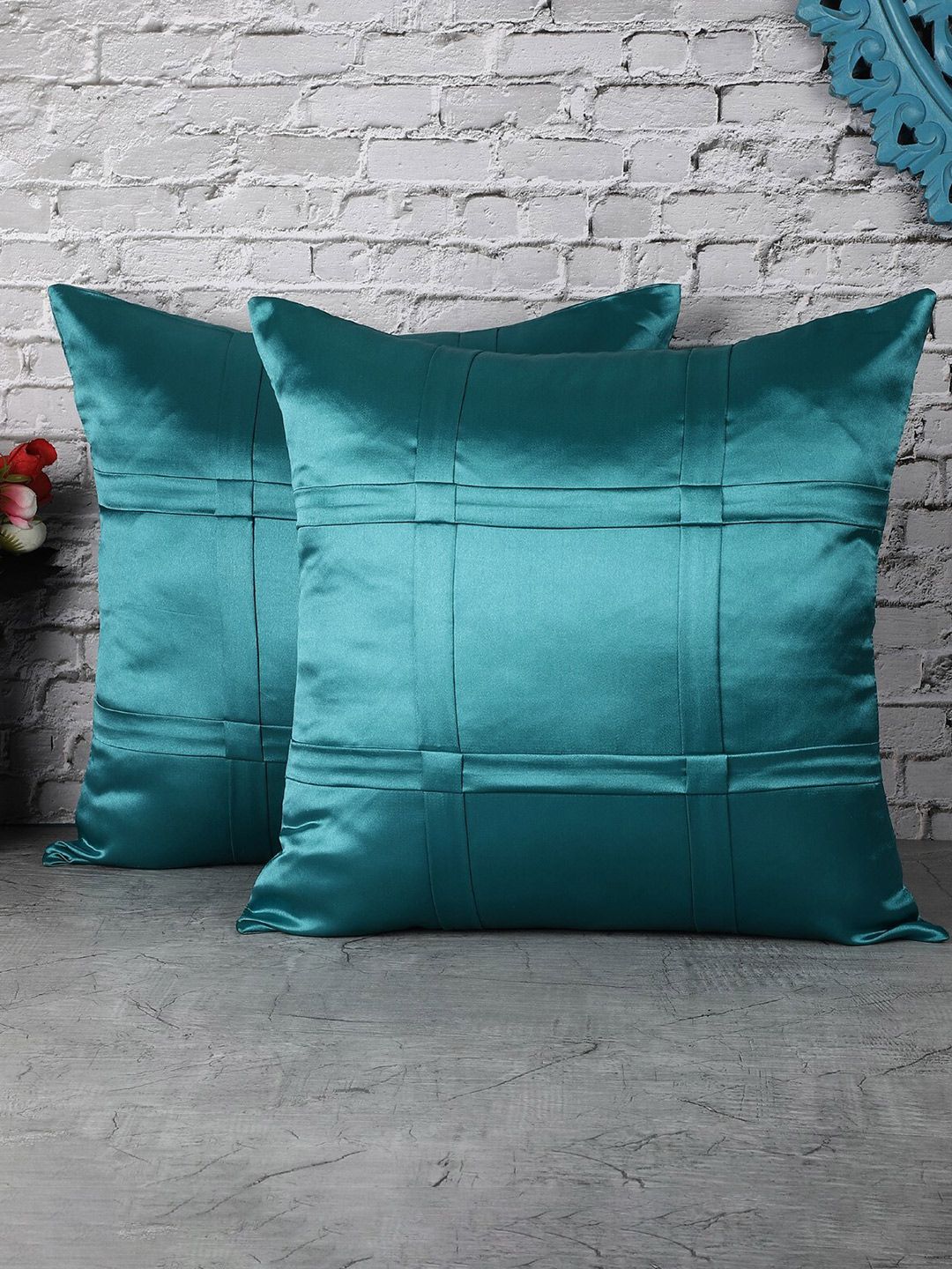 The Decor Mart Turquoise Blue Set of 2 Satin Square Cushion Covers