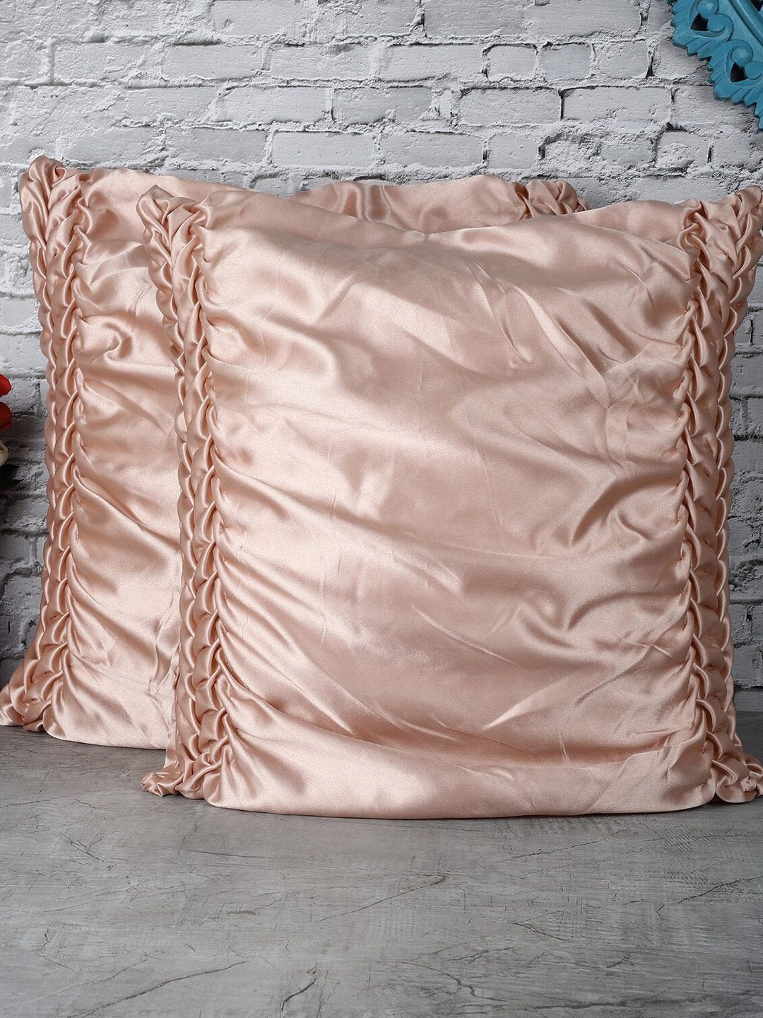 The Decor Mart Peach-Coloured Set of 2 Satin Square Cushion Covers