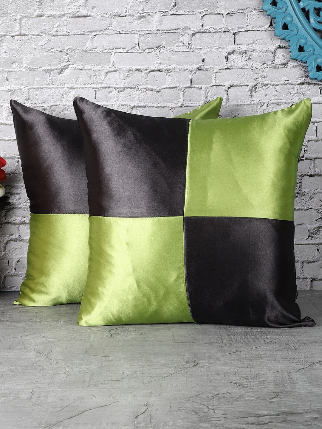 The Decor Mart Brown & Green Set of 2 Colourblocked Satin Square Cushion Covers