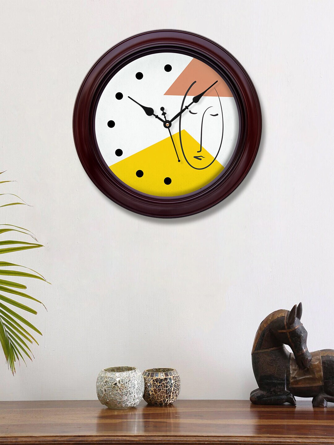 999Store White & Yellow One Line Face Printed Contemporary Wall Clock Price in India