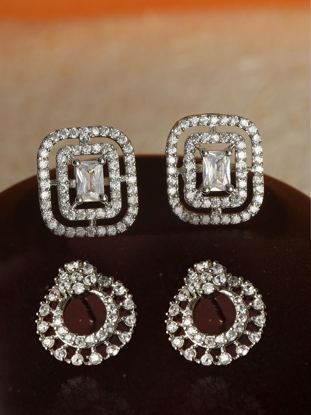 Priyaasi Set Of 2 Silver-Toned American Diamond Studded Studs Price in India